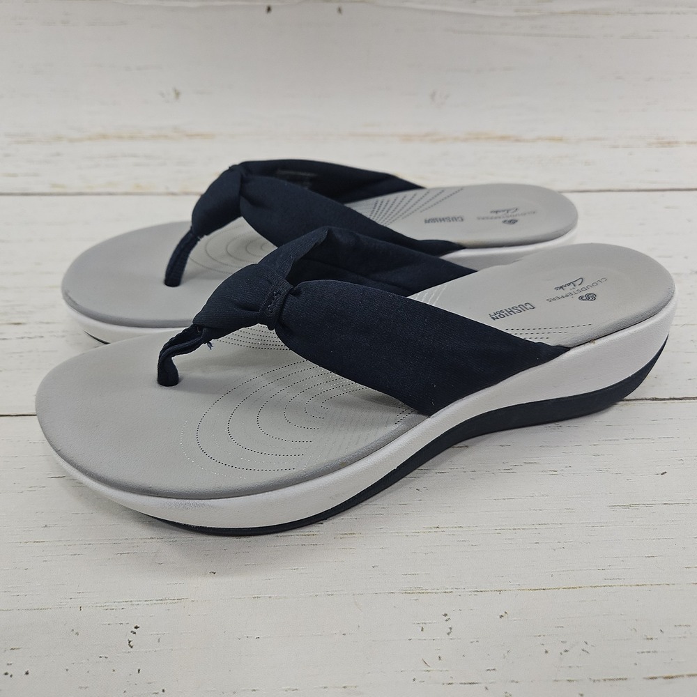 Clarks Cloudstepper Aria Glison Sandal Womens 7 Navy Blue Flip Flop Thong Wedge
